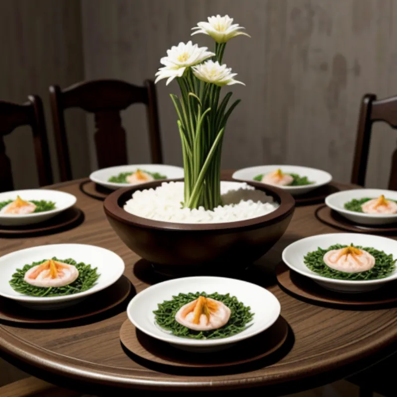 A table setting with stir-fried water spinach