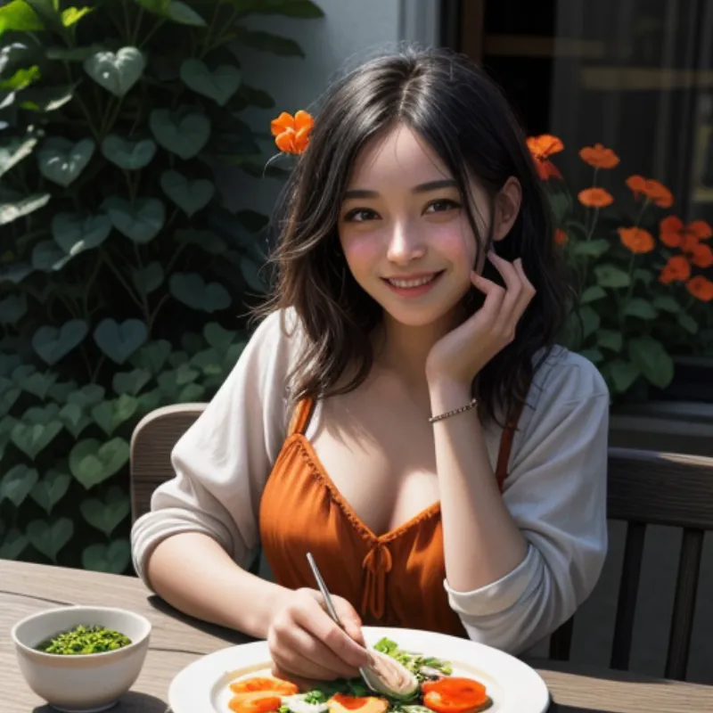 Woman Enjoying a Salad with Pickled Nasturtium Pods