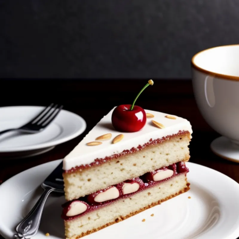 Slice of almond cherry cake with glaze drizzled on top