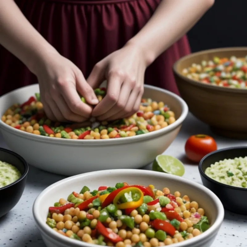  Hands assembling chickpea and vegetable fajitas with colorful toppings.
