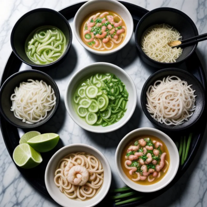 A table setting with bowls of Banh Canh ingredients