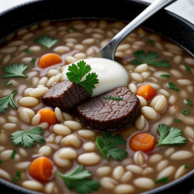 Bowl of Beef Barley Soup Garnished with Parsley