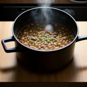 Pot of Beef Barley Soup Simmering on Stove