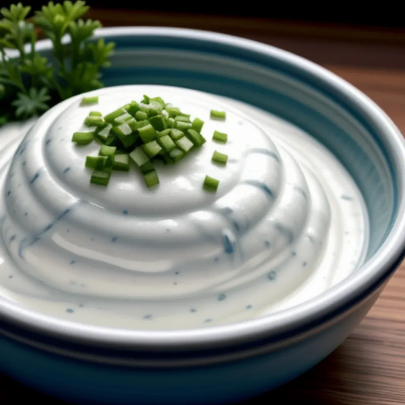 Close-up of a bowl of chunky blue cheese dressing, with fresh herbs sprinkled on top.