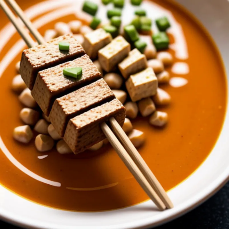 Dipping Tofu Satay in Peanut Sauce