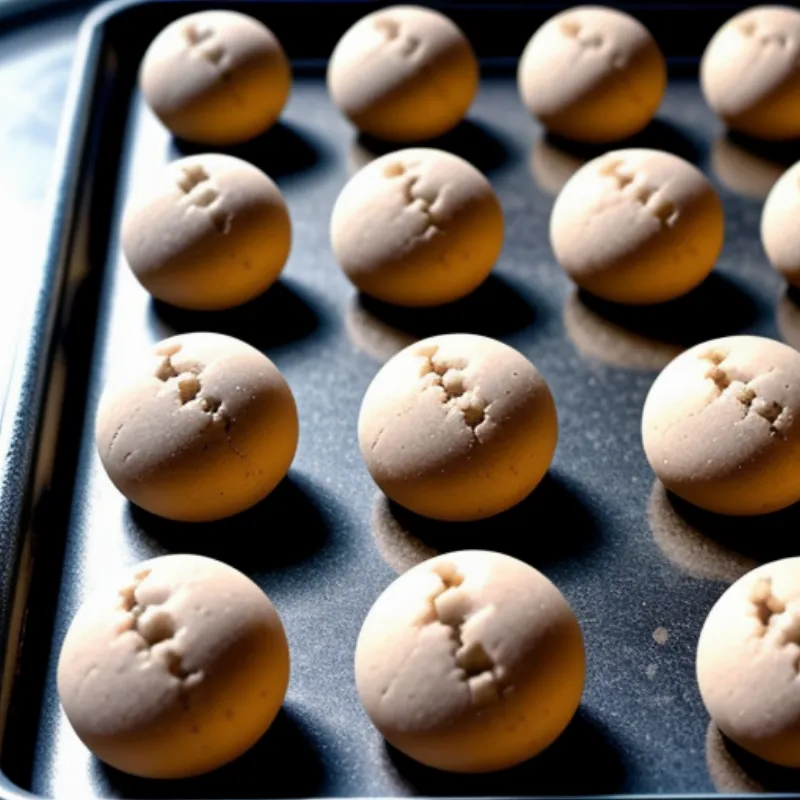 A baking sheet lined with parchment paper. On the baking sheet is peanut butter cookie dough, rolled into balls. Each ball of dough has a thumbprint indent in the center, ready for filling.
