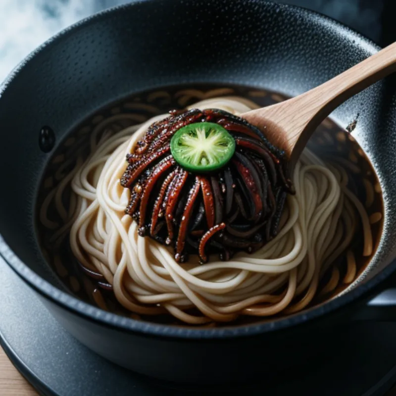 Cooking jajangmyeon sauce in a wok