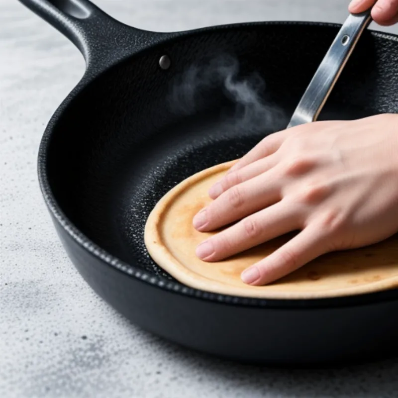 Close-up of a hand using a spatula to flip a malsouka flatbread cooking in a skillet