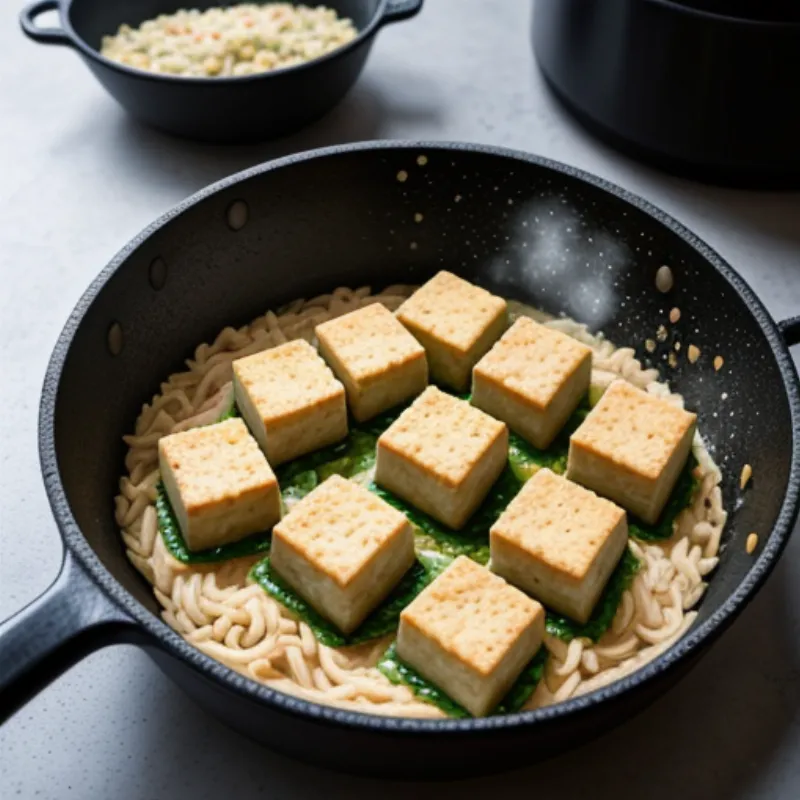 Crispy Tofu Being Cooked in a Skillet for Bibimbap