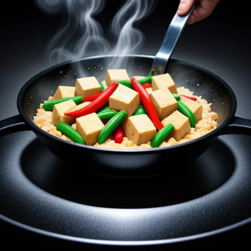 Close-up shot of tofu and vegetables being stir-fried in a wok