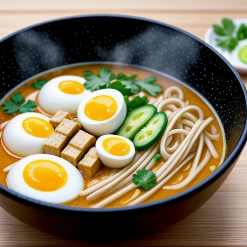 A bowl of curry laksa soup with noodles, chicken, and vegetables