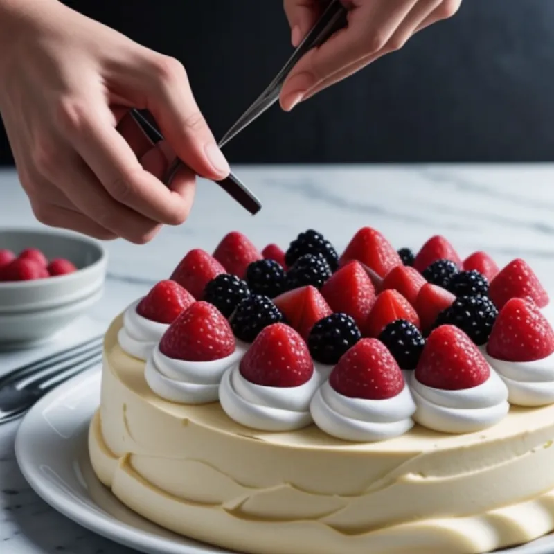 Decorating a pavlova cake with fresh fruit.