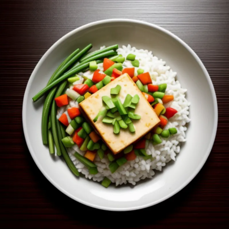 A plate of tofu stir-fry served on a bed of white rice, garnished with green onions. 