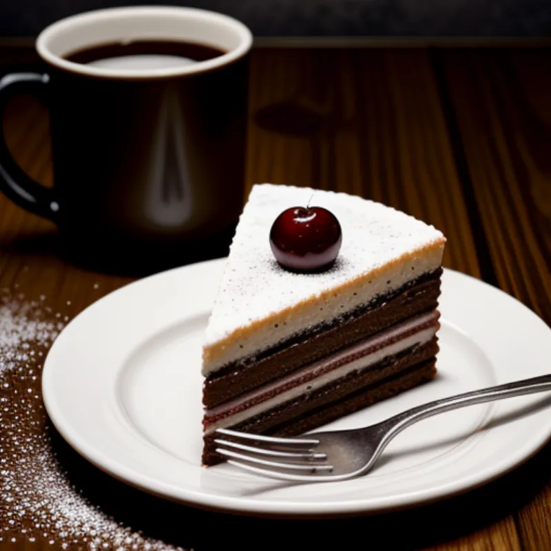 Slice of Donauwelle cake with a wavy chocolate pattern and cherry filling