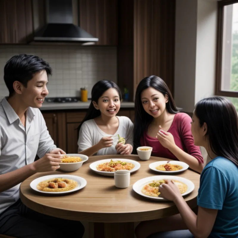 A family enjoying roti canai with curry sauce