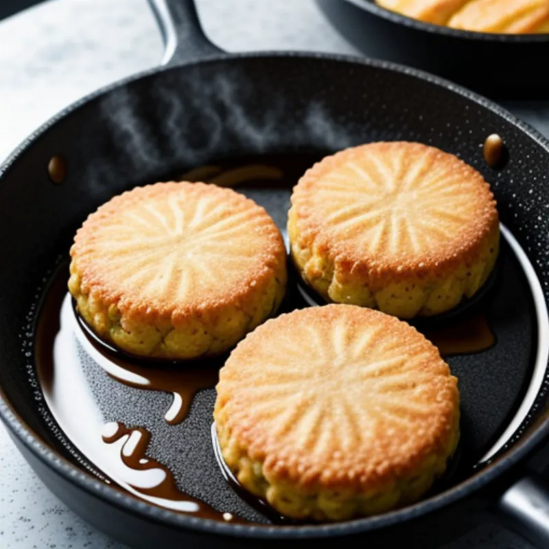 Fish cakes cooking in a skillet