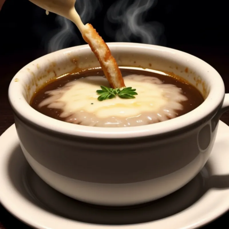Close up of a French onion soup being gratinéed