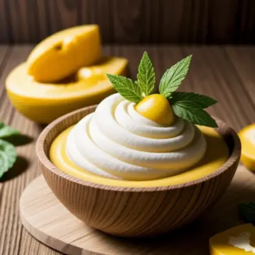 Frozen mango nice cream in a bowl, topped with fresh mango slices and mint leaves.