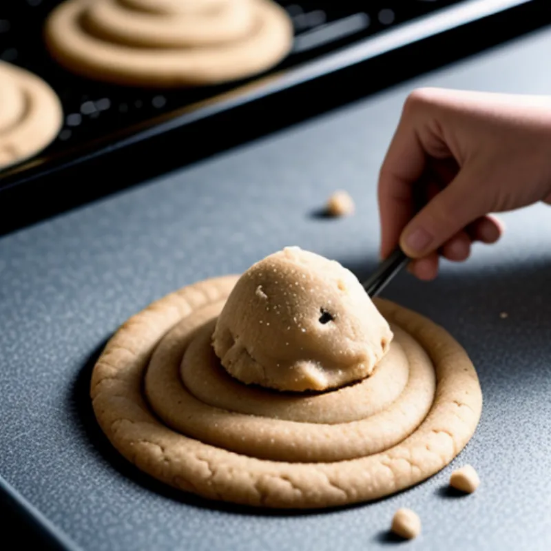 A close-up of hands scooping cookie dough onto a baking sheet.