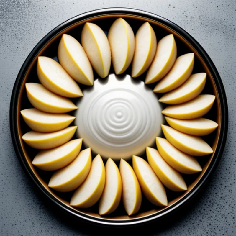 Sliced apples arranged in a cake pan, ready for baking