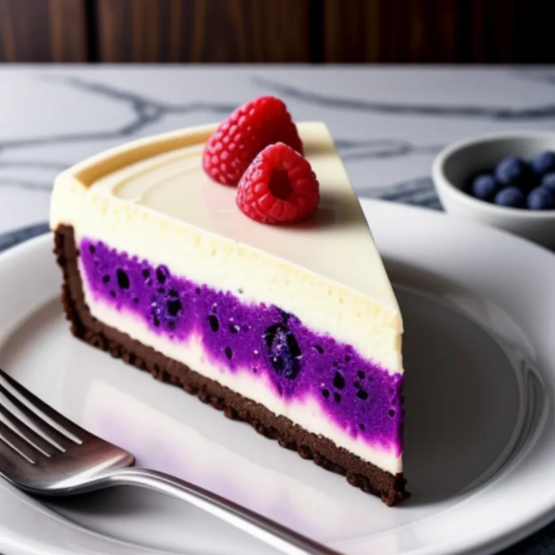 A slice of marble cheesecake on a plate with fresh berries