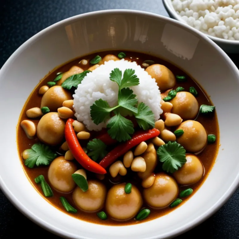 A bowl of Massaman curry served with rice and garnishes