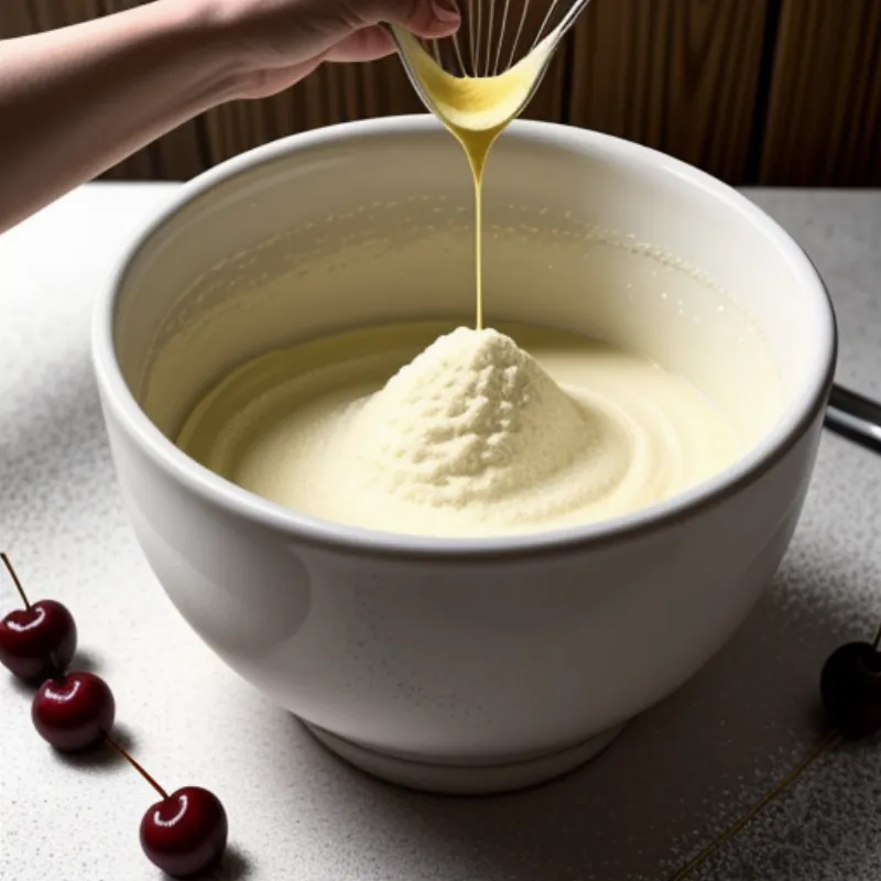 Mixing ingredients for almond cherry cake in a bowl