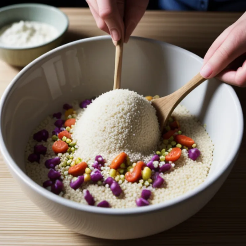 A person mixing a bowl of millet salad with a spoon