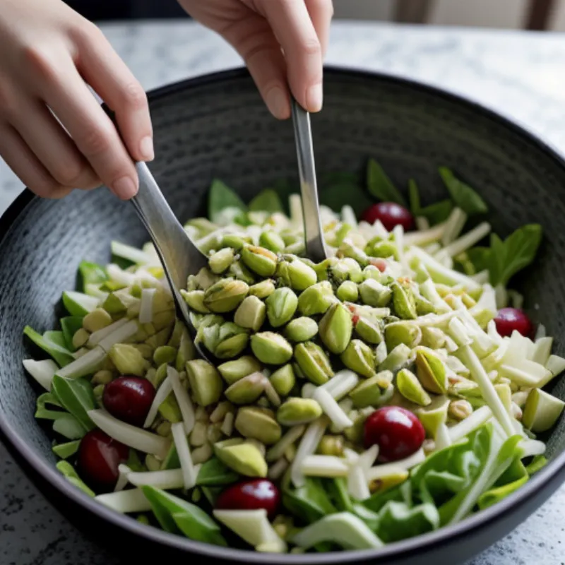 Two hands are mixing a pistachio salad in a large bowl