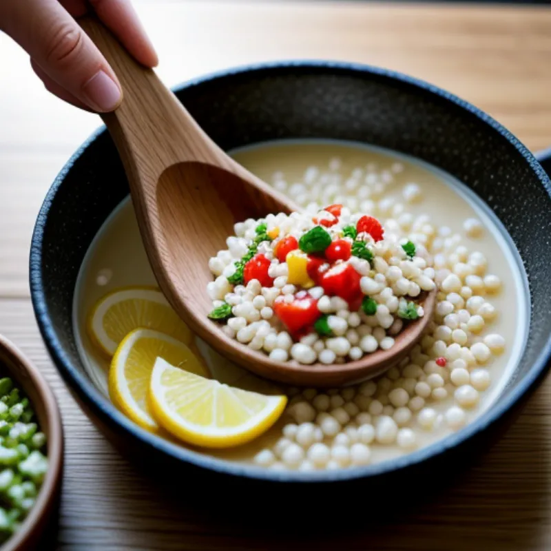 A person's hands are mixing a bowl of fresh tabouleh salad with a wooden spoon.