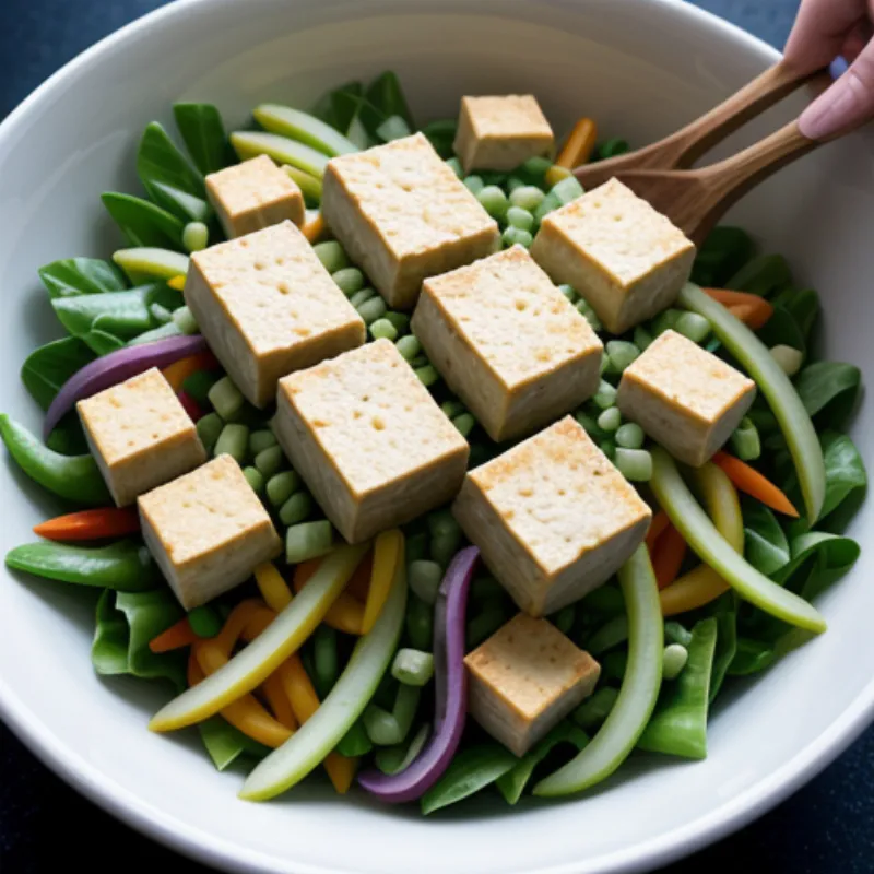 Mixing tofu salad in a bowl