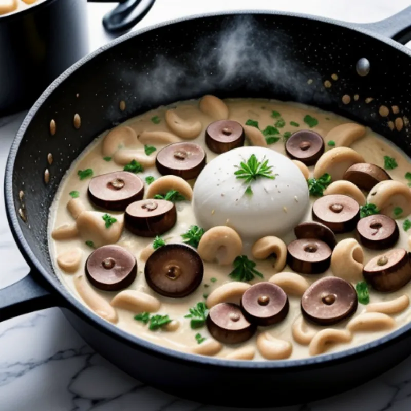 Mushroom and Vegetable Stroganoff in a pan, ready to serve.