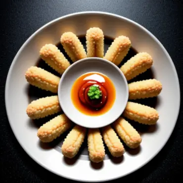 Golden brown mushroom and vegetable tempura arranged on a plate