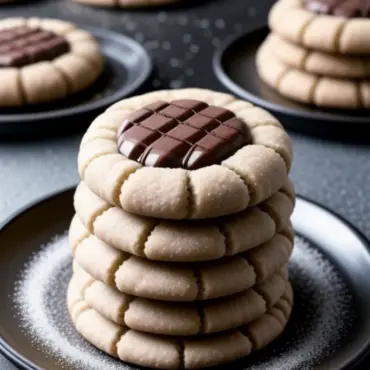Golden brown peanut butter cookies with melted chocolate in the center.