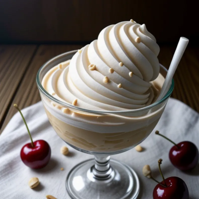 A peanut butter ice cream sundae with whipped cream and a cherry.