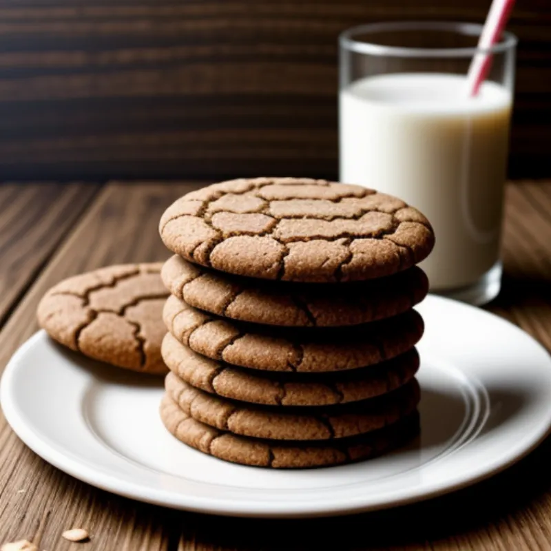 Molasses cookies plated on a white plate with a glass of milk