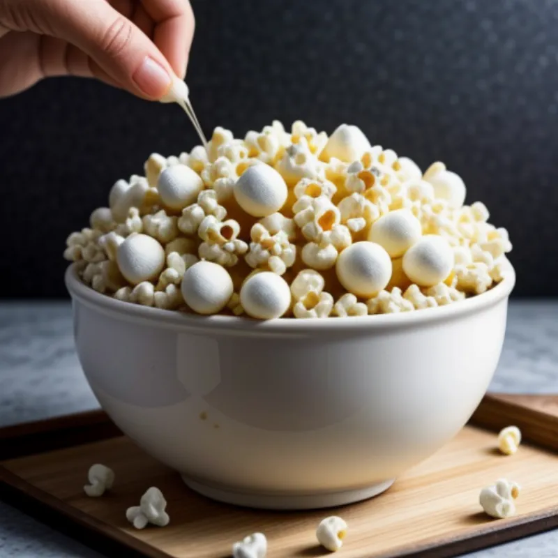 Mixing melted marshmallow with popcorn in a large bowl, a crucial step in making a popcorn cake