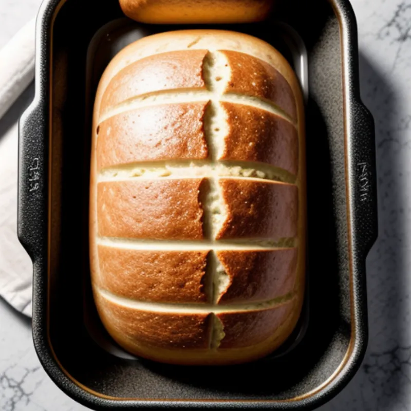 Golden brown loaf of Portuguese sweet bread in a loaf pan.