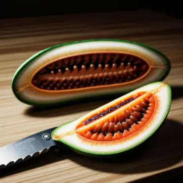 Ripe papaya cut in half on a wooden board