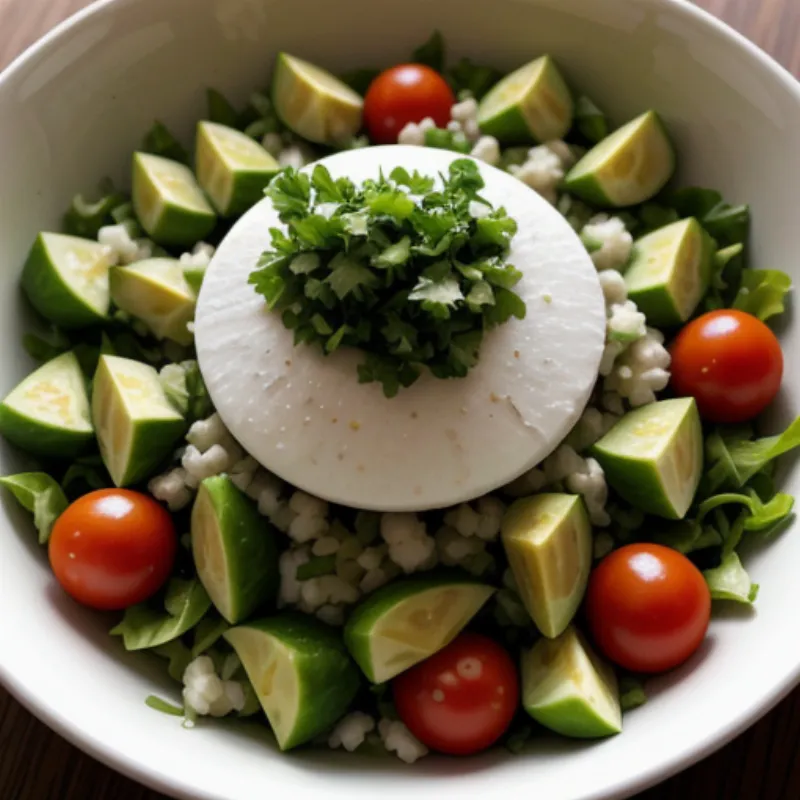 A vibrant salad with salsa verde dressing