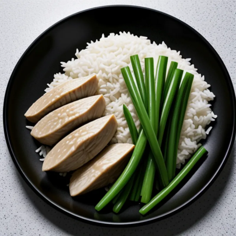 A plate of stir-fried chicken with snow peas, garnished with sesame seeds