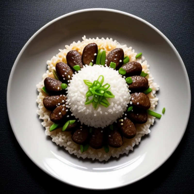 A plate of stir-fried enoki mushrooms with beef served over a bed of white rice.
