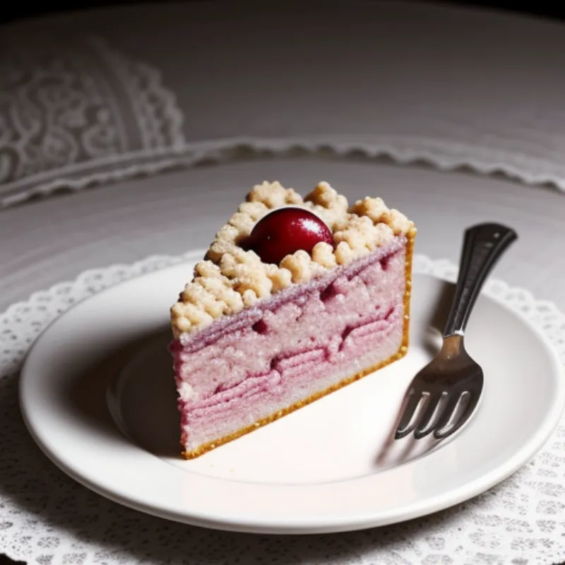 Slice of plum streusel cake with a fork on a plate