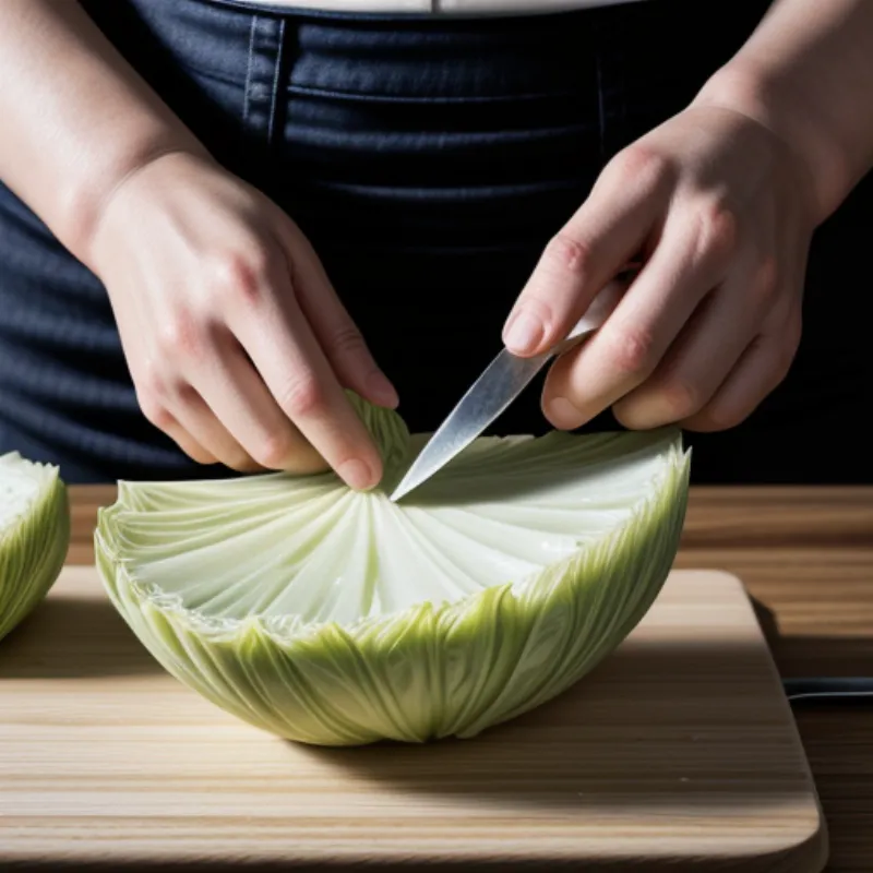 Person slicing Napa cabbage on a wooden board