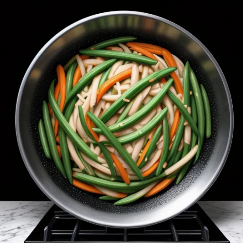 Cooking snow pea stir-fry in a wok
