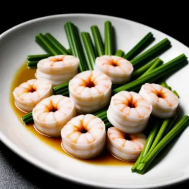 Steamed prawns with ginger and scallions.