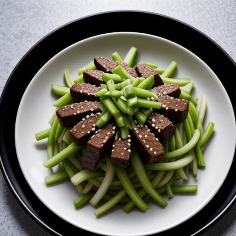 Stir-fried beef with cucumber served on a plate