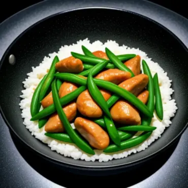 Stir-fried chicken and snow peas in a wok