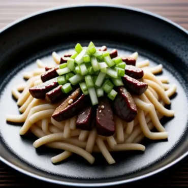A steaming plate of stir-fried enoki mushrooms with beef.