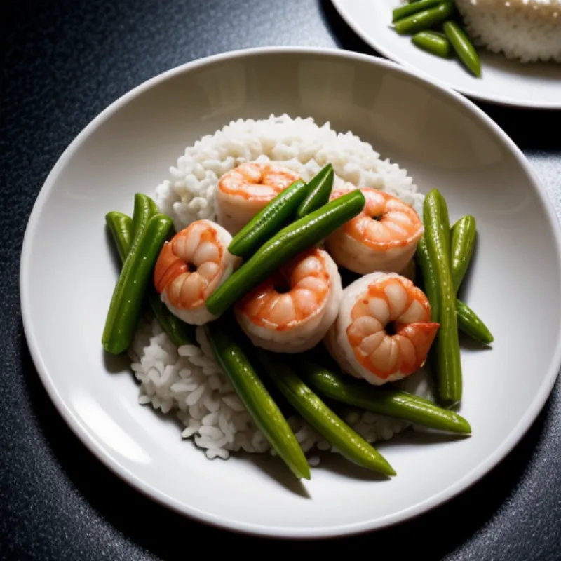 Stir-fried Okra with Shrimp Served with Rice